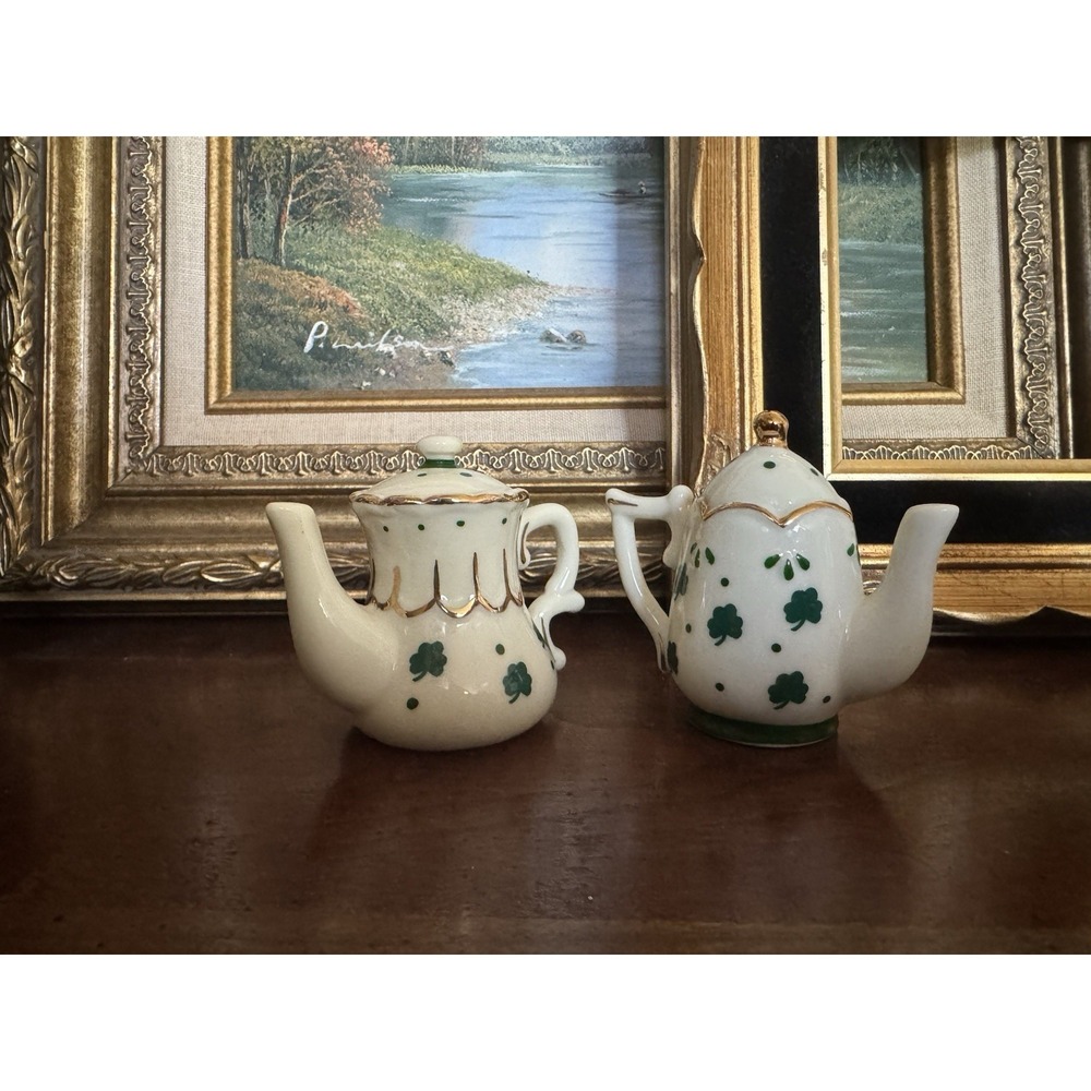 Miniature Shamrock Teapot Set St. Patrick's Day Porcelain Gold Trim Figurines